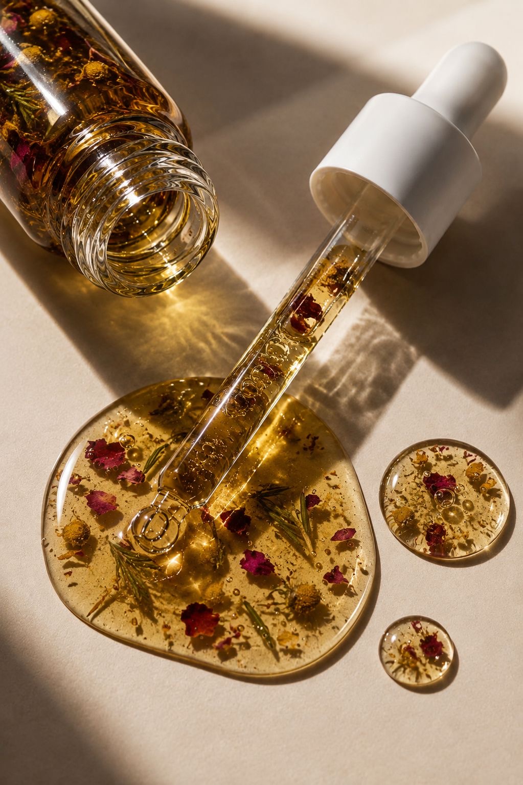 Golden herbal hair oil with rose petals and rosemary on a dropper
